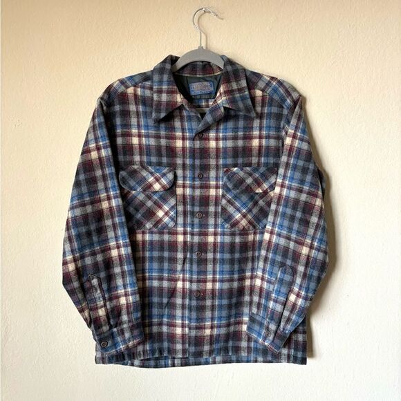 Pendleton Vintage 50s 60s  Wool Dress Gray Blue Shirt Plaid Size M - Picture 3 of 6